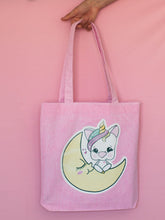 Cargar imagen en el visor de la galería, Tote bag rosa de algodón unicornio Aduchis media luna purpurina
